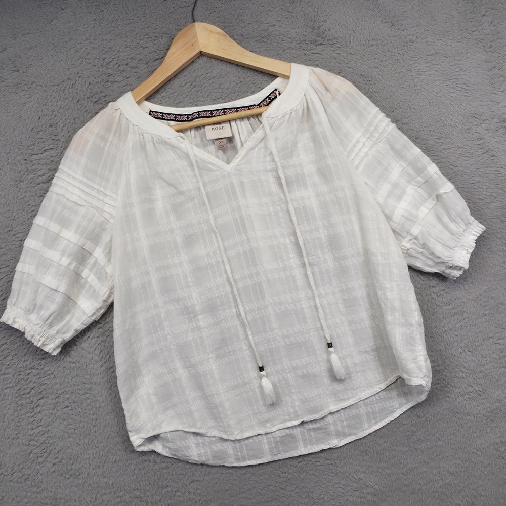 Knox Rose Top Womens XS White Tassel Tie Tiered Ruched Sleeve Plaid Peasant Boho